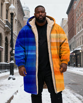 Big & Tall Men's Orange Blue Stripe Gradient Printed Velvet Thickened Long Hooded Coat